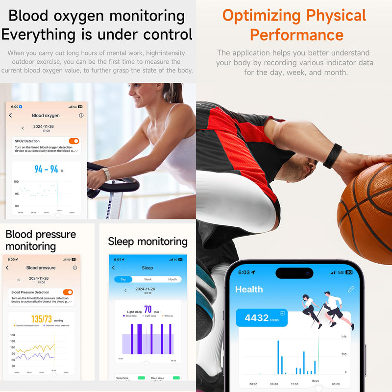 ZPIMY Wearable Health, Fitness & Activity Tracker, 5ATM Waterproof Mens Smartwatch, Call Reminder，Fitness Tracker for Android iPhones, SpO2，Heart Rate Tracking， Sleep Monitoring, 2 Straps (Black) Black
