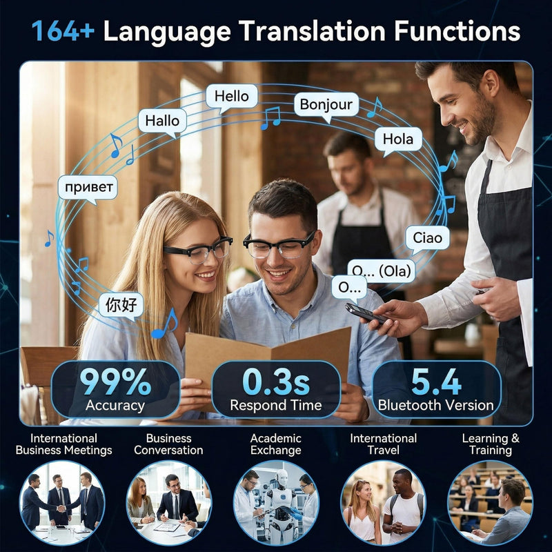 AI Smart Glasses with Camera 1080P POV Video Recording Photochromic | Real-time audio translation & open-ear Bluetooth music call