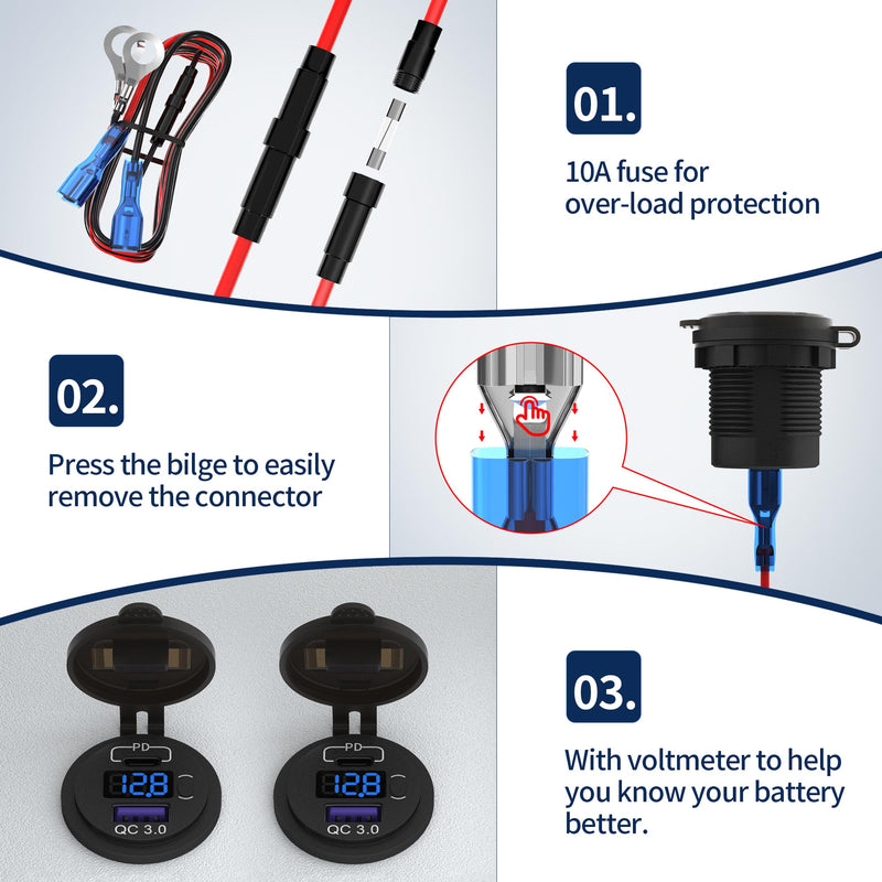 DaierTek 12V USB C Car Charger Socket 3-Pack - 48W PD & QC 3.0 Fast Charging Dual USB Outlet with Voltmeter & ON/Off Switch, Waterproof 12V Charging Port for Car, Marine, Boat, Golf Cart