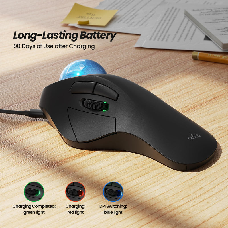 Nulea M505A Wireless Trackball Mouse Ergonomic 44mm Index Finger Control | Rechargeable rollerball mouse with 5 DPI levels,Bluetooth connection,smooth tracking,compatible with PC Mac Windows-Blue B-Blue