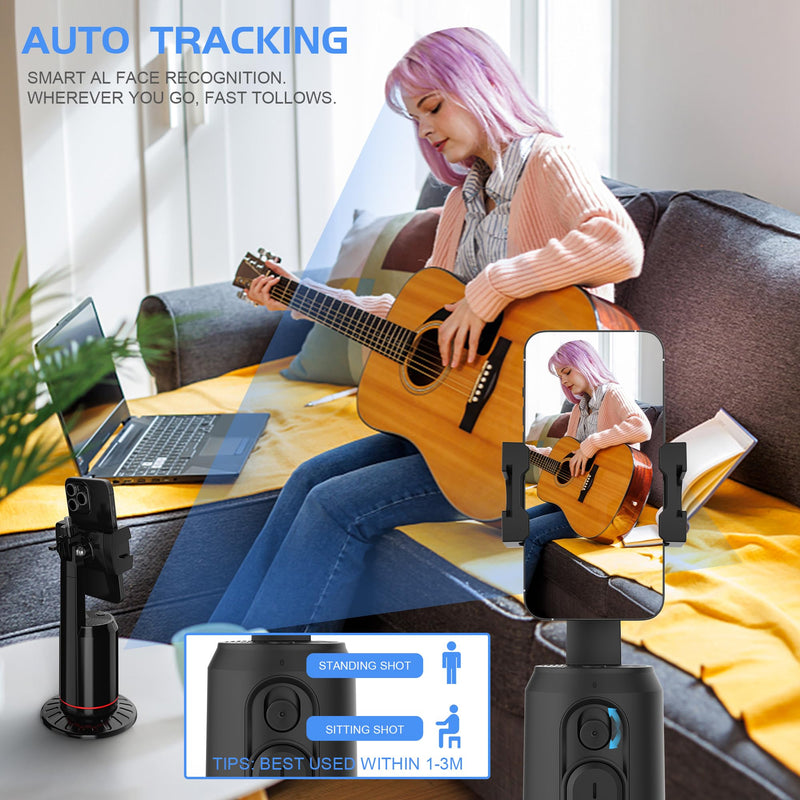 Auto Face Tracking Phone Holder for Phone, GoPro, Compact Camera, 360° Rotation Mount with Remote Compatible with Tripod, Rotating Stand for iPhone for Vlog, Streaming, Video, FaceTime, TIK Tok
