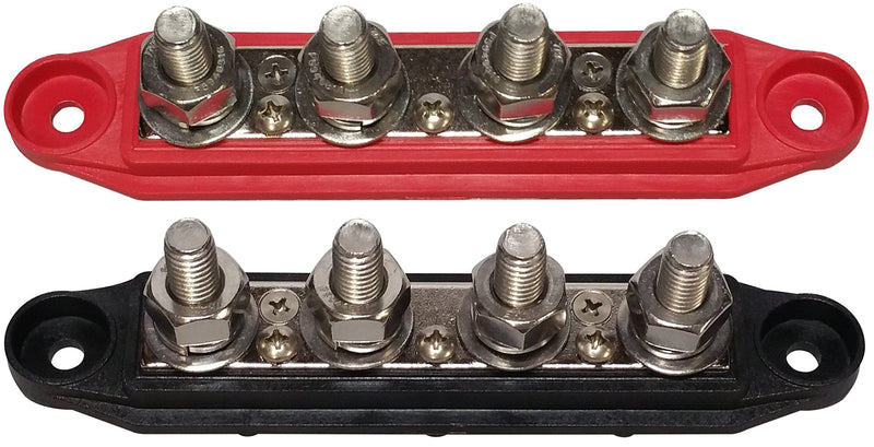 (Red & Black) 3/8" 4 Stud Bus BAR Power Distribution Block - Made in The USA - for Marine Battery Terminals, 12v Power and Ground Distribution Blocks - Terminal Block for Battery Terminals - BusBar Red & Black 3/8" - Pair