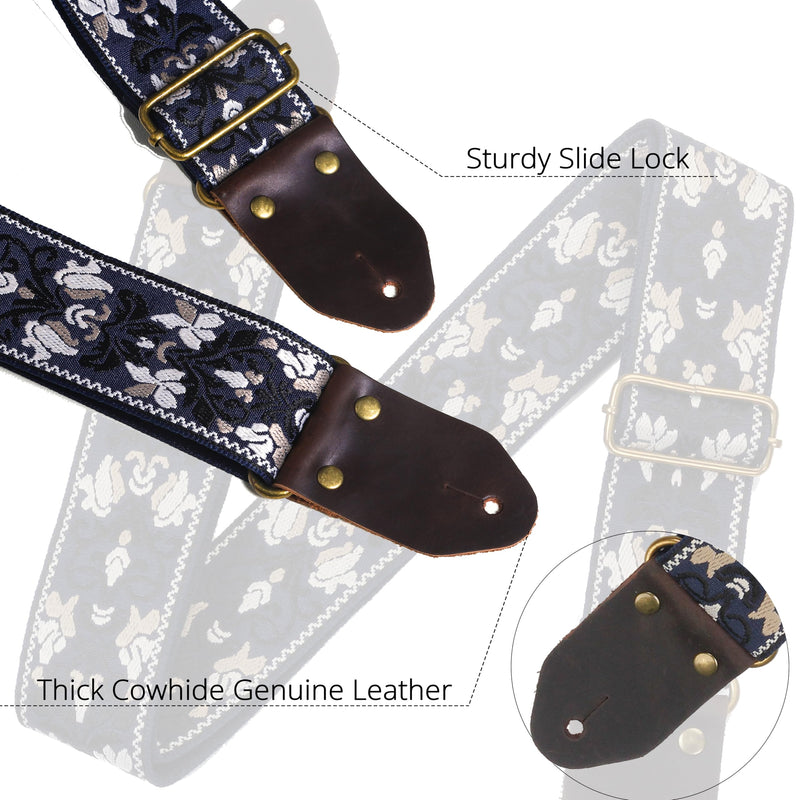 Guitar Strap,Jacquard Embroidery Cotton Guitar Straps with Crazy Horse Leather Ends for Bass, Electric & Acoustic Blue