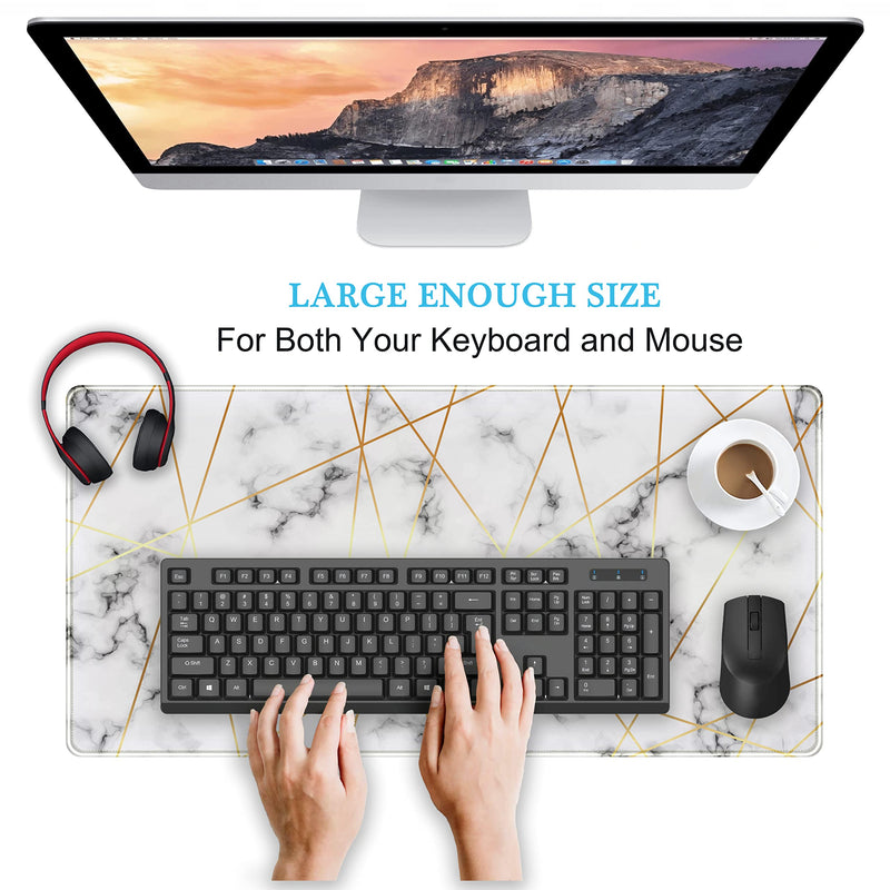 Grey Gold Line Marble Extended Gaming Mouse Pad XXL Desk Pad, Large Mousepad for Wireless Mouse (31.5x15.75 in), Big Keyboard Mouse Mat Non-Slip Rubber Base Mousepad with Stitched Edges E-Grey Gold Line Marble