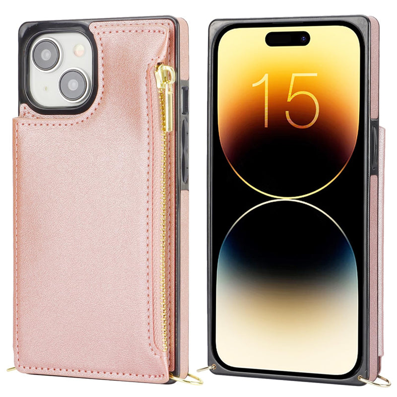 [AUSTRALIA] - Bocasal Crossbody Wallet Case for iPhone 15 with RFID Blocking Card Slot Holder, Magnetic Flip Folio Purse Case, PU Leather Zipper Handbag with Detachable Lanyard Strap 6.1 Inch 5G (Rose Gold) Rose Gold 