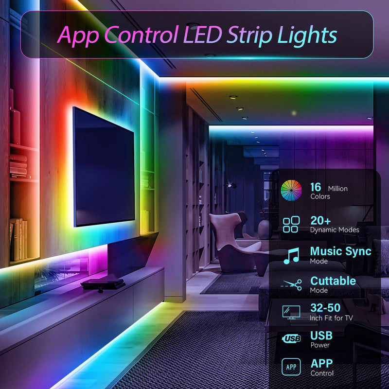 HOUHUI LED Strip Lights Kit, 2x9.8Ft RGB LED Lights Strip for 32-50in TV LED Backlight, App Control Strip Light Waterproof IP65 with Remote, Music Sync USB TV LED Light Strip for Home PC Monitor Desk