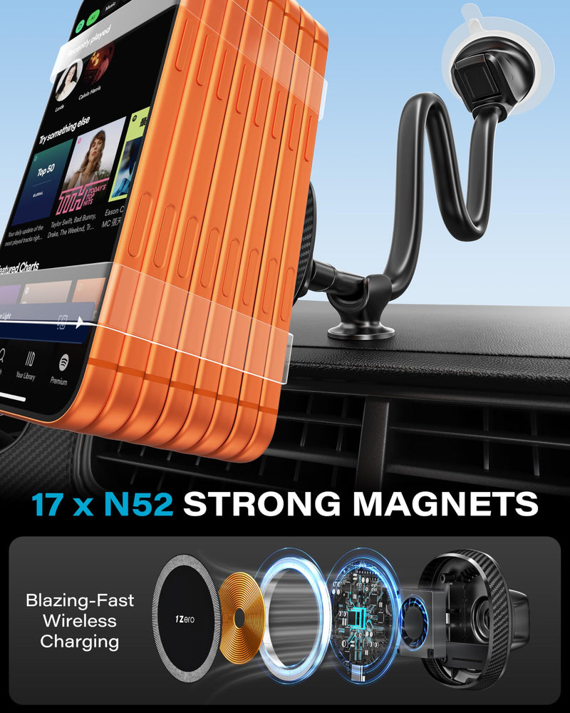 1Zero for Magsafe Car Mount Charger, 15W Fast Charging for Windshield | Stronger Magnetic & Suction Cup Mount for Windshield & Dashboard, Wireless Car Charger Compatible with iPhone12-17 Pro Max