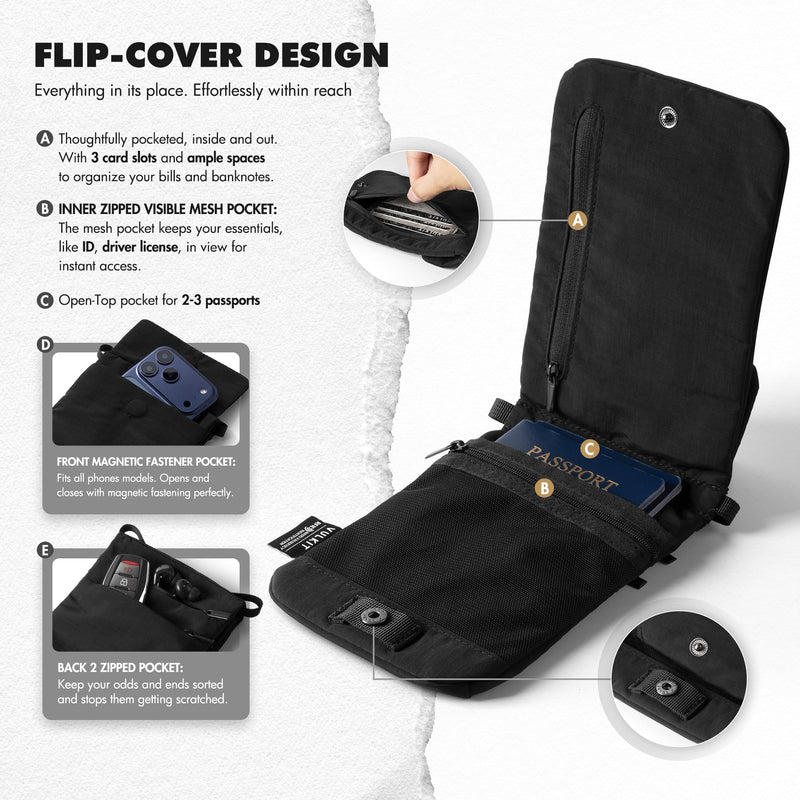 VULKIT City Pouch Crossbody Travel Bags RFID Blocking Travel Wallet Passport Pouch Neck Wallet Phone Bags for Men Women Teens Black