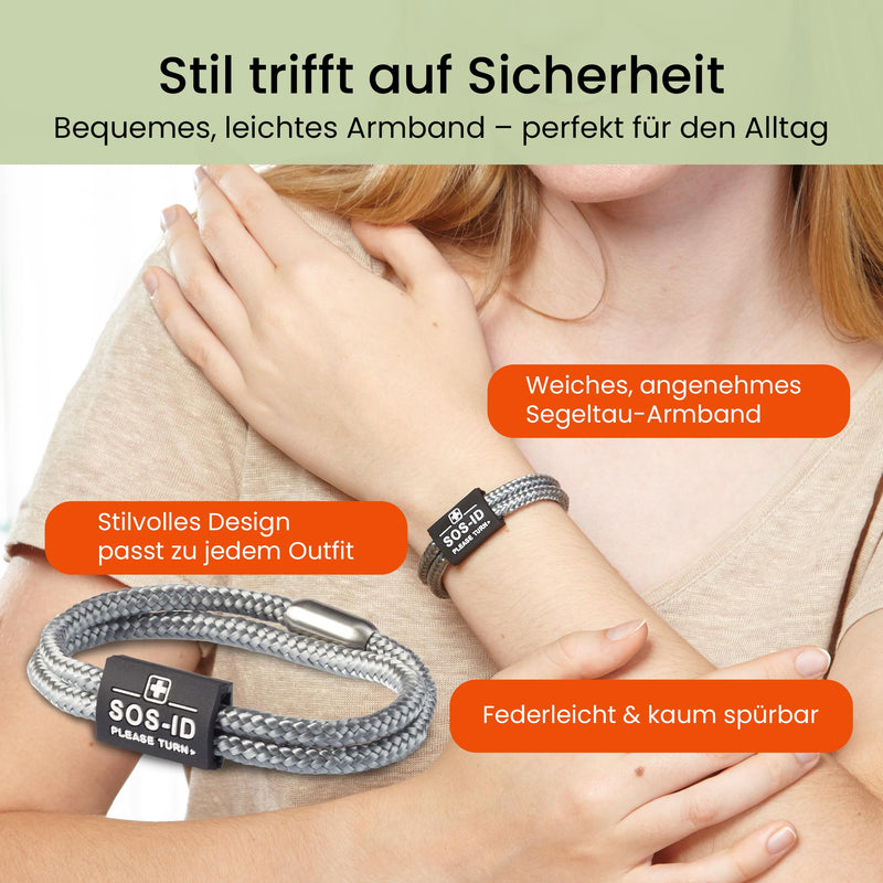 SOS-ID Lifestyle Emergency Bracelet Made of Heavy Duty Sailing Rope with QR Code (M/Silver) - Durable & Waterproof SOS Bracelet for Emergencies - Quick Access to Health Data Medium silver