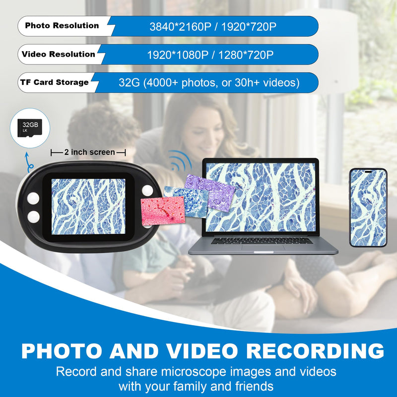 [AUSTRALIA] - 1000X Handheld Digital Microscope for Kids 2'' HD Screen 4K Rechargeable Mini Pocket Microscope with Slide Kit, Microscope Stand, 32G SD Card for Education Gift Age 4-6 8-12 Children 
