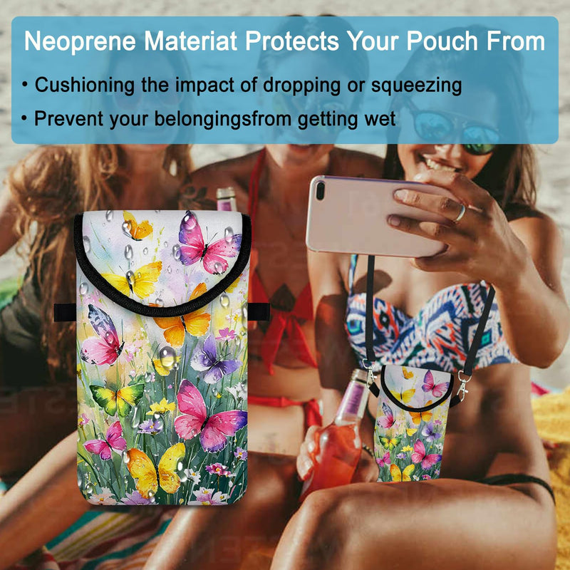 Neoprene Cell Phone Sleeve Pouch Case Bag with Crossbody Strap Neck Lanyard for Women 7.5 X 4.3 in Flower Butterfly Flower Butterfly 1