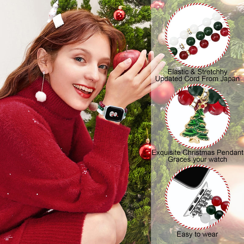 Newlibery Christmas Natural Stone Bracelet Band Gold Charms Metal Strap Bundle Compatible with Apple Watch 38mm 40mm 41mm 42mm 44mm 45mm 46mm 49mm for Women for iWatch Series 10/9/8/7/6/5/4/3/2/1/SE