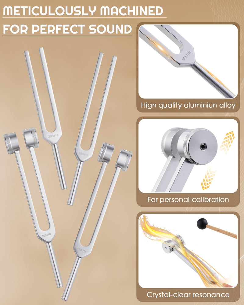 Tuning Forks for Healing Set-128Hz, 136.1Hz, 256Hz, 384Hz Weighted & Unweighted with Activator & Pouch-Complete Sound Therapy Kit for Chakra Balancing, Yoga, Meditation, Stress Relief & Energy Healing