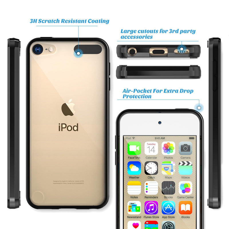ULAK iPod Touch 7 Case,iPod Touch 6 & 5 Case, Clear Slim Hybrid Bumper TPU/Scratch Resistant Hard PC Back/Corner Shock Absorption Case for Apple iPod Touch 5th 6th 7th Generation, Black