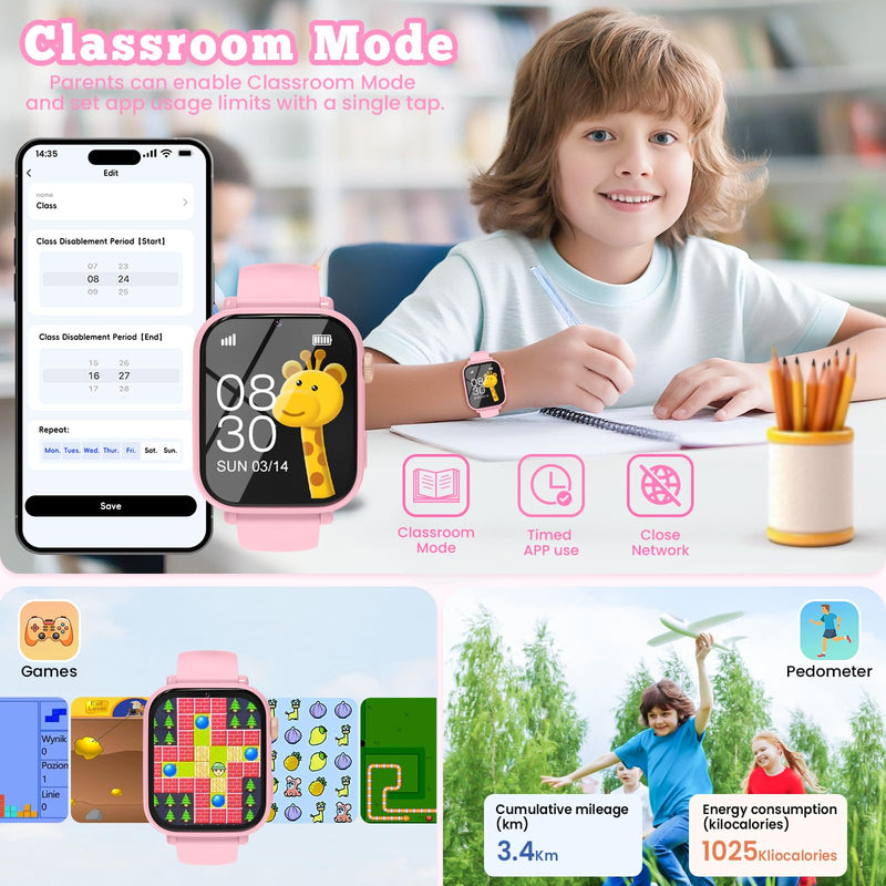 4G Kids Smart Watch for Boys Girls GPS Tracker, Children Watches Phone Call | Smartwatch Phone Gifts for Teens Toddler Ages 4-12 Years with SIM Card Video & Voice Call SOS, Parental APP, Class Mode Light Pink
