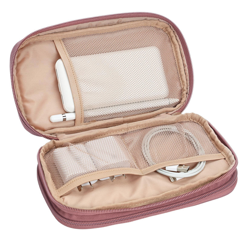 NISHEL Travel Cord Organizer Case, Double Layers Tech Electronic Case, Travel Essentials for Charger, Cable, Phone, Flash drive, Rose-wood Pink Double layer