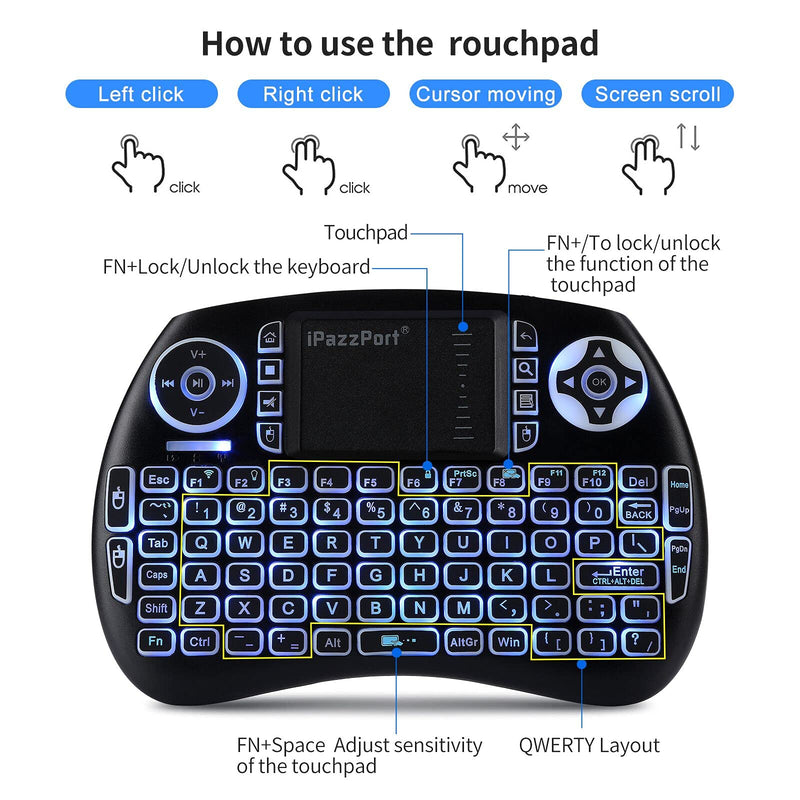 (2021 Upgraded) iPazzPort Mini Bluetooth Keyboard with Touchpad, Handheld Backlit Mini Wireless Keyboard Remote with 2.4G USB Dongle for Fire TV Stick/Smart TV/Google/Android TV Box KP-21SM