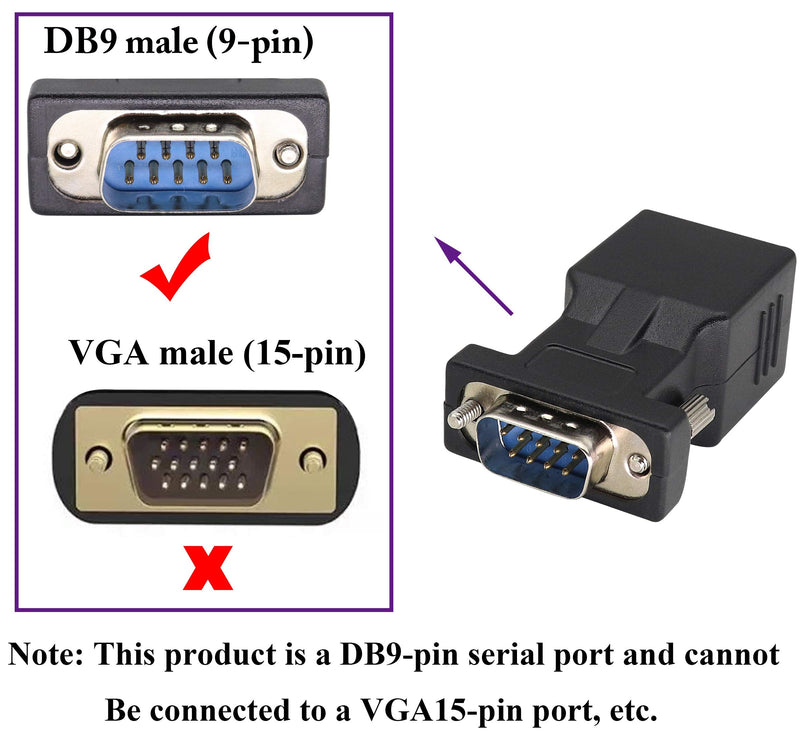 AOTOKK RJ45 to DB9 RS232 Adapter 9-Pin Serial Port RS232 Male to RJ45 Female CAT5 CAT6 Ethernet LAN Extend Converter, Network to DB9 Serial Port Coupler Extender Adapter (2 Pack-Male)