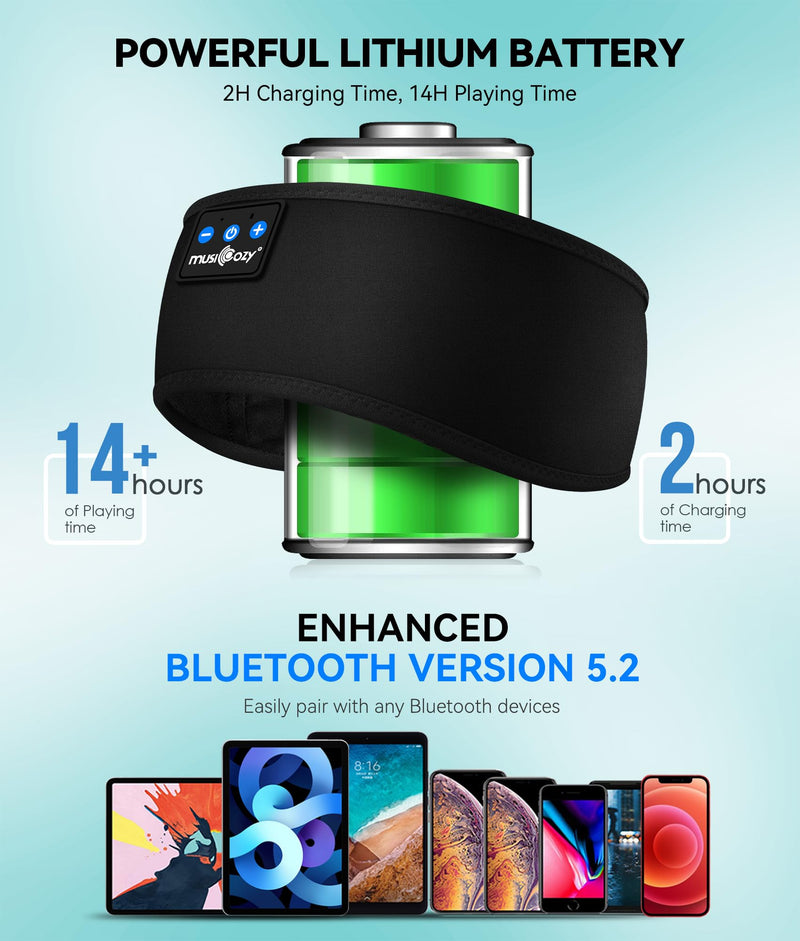 MUSICOZY Sleep Headphones Bluetooth 5.2 Headband, Sports Wireless Earphones Sweat Resistant Earbuds with Ultra-Thin HD Stereo Speaker for Workout Running Cool Gadgets Unique Gifts Black