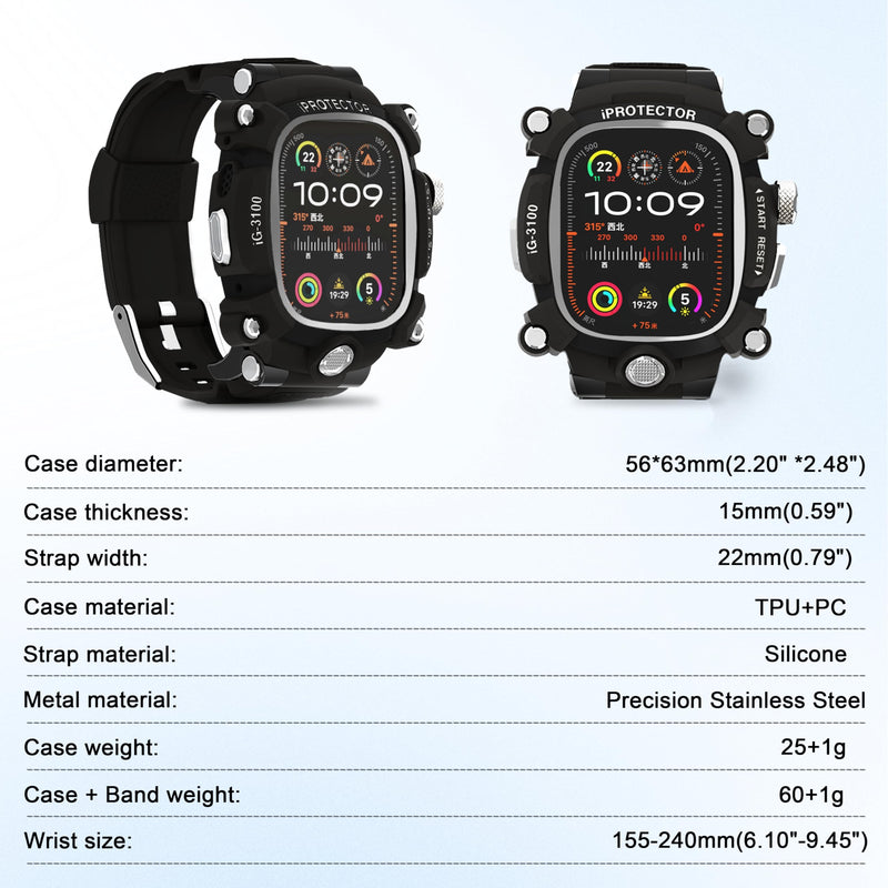 iG-3100 Rugged Case with Band for Apple Watch Ultra 2 49mm,Shockproof Bumper Cover Silicon Strap for Apple Watch Ultra 1 49mm Full Protective Cover for Men Black
