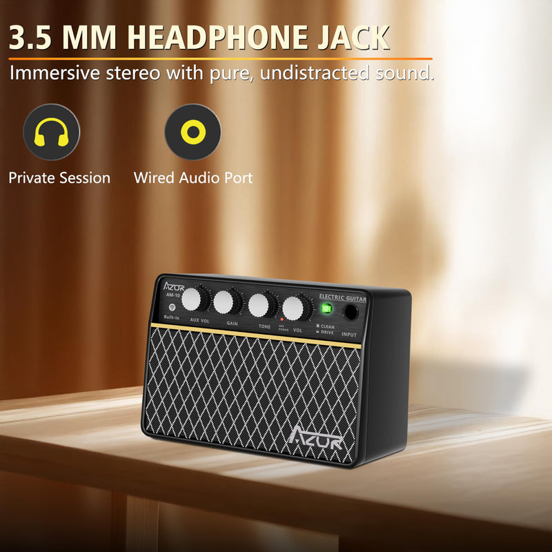 [AUSTRALIA] - AZOR Guitar Amp, 10W USB-C Rechargeable, 6H Working Mini Electric Guitar Amplifier Wireless Amp with Clean/Drive Channels with 3.5mm Headphone/AUX Jack Output for Indoor Practice ABA-10 