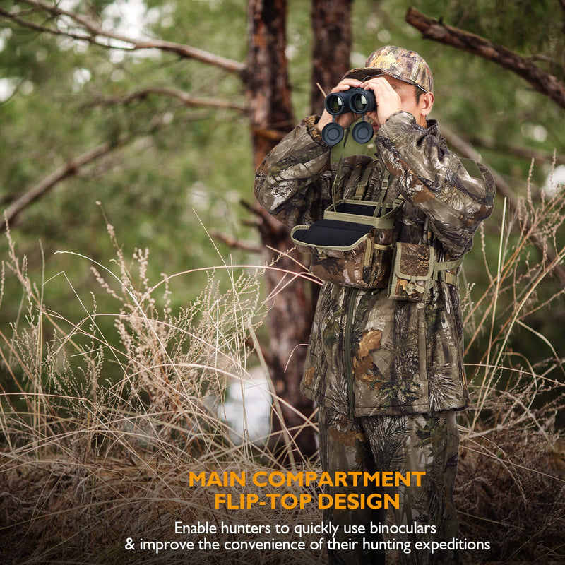 NEW VIEW Binocular Harness Chest Pack with Detachable Rangefinder Pouch, Adjustable Bino Harness & Rain Cover, Ideal for Hunting, Hiking - Camo & Quiet L