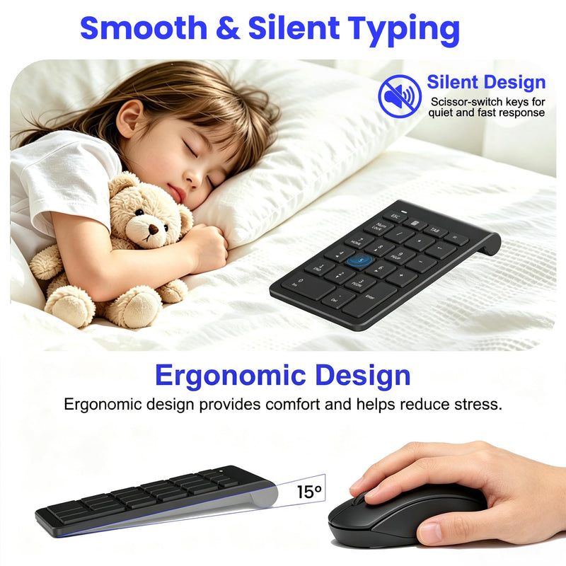 22 Keys Wireless Number Pad and Mouse-Black,2.4GHz Numeric Keypad with Mouse 3 Adjustable DPI,Financial Keypad and Mouse Combo for Data Entry and Accounting,Numpad Keypad Set for Laptop,Mac,Desktop,PC