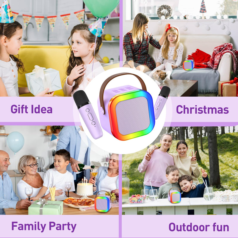 Mini Karaoke Machine: Mini Karaoke Machine with 2 Wireless Karaoke Microphones and Light for Family Home Party - Portable Singing Karaoke Speaker - Stage-subwoofers (Purple) Purple