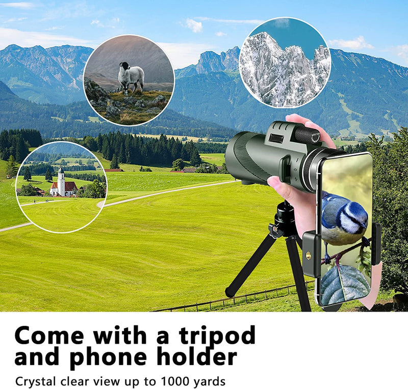80x100 Monocular-Telescope High Powered Monocular for Adults Monocular for Smartphone Adapter Monocular Telescope Hunting Wildlife Bird Watching Travel Camping Hiking Green