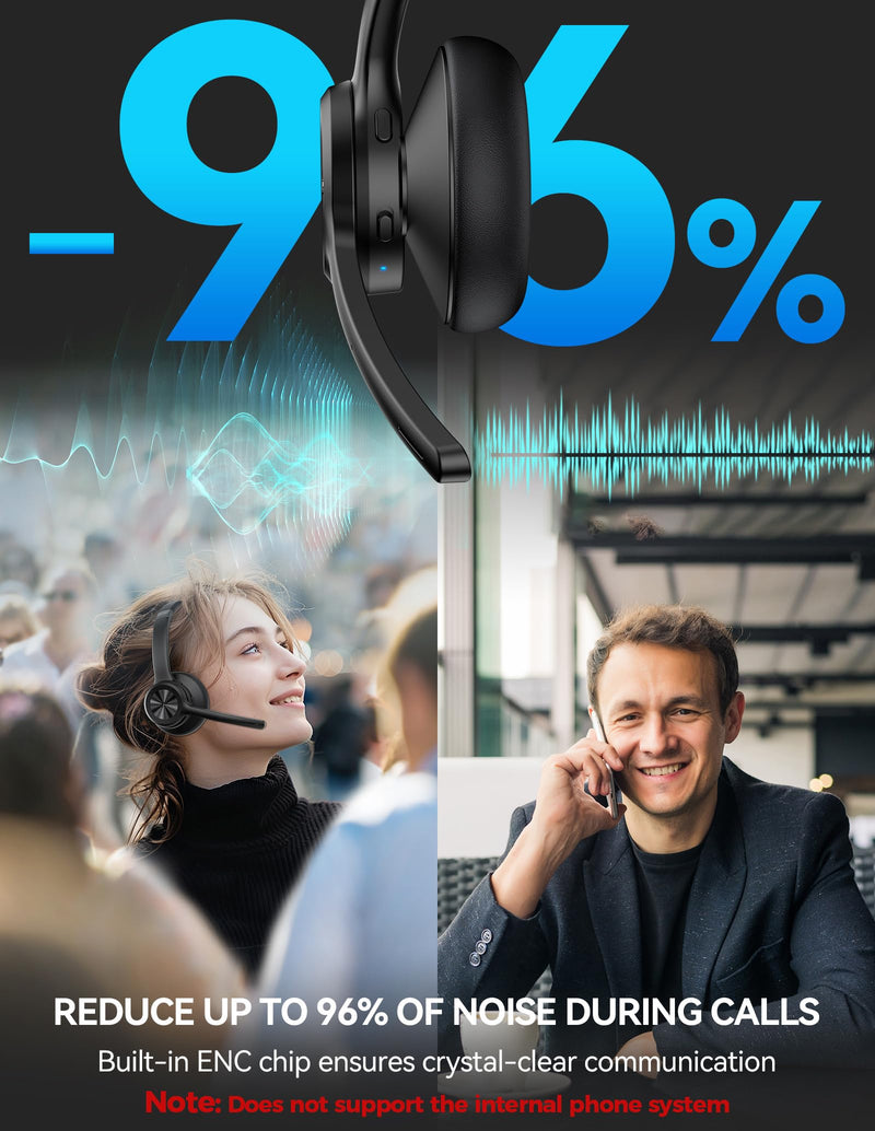 [AUSTRALIA] - TECKNET Wireless Headset, Bluetooth Headset with Noise Cancelling Microphone - Rechargeable Bluetooth V5.2 Headphones, 50H Playtime & Mic Mute, On Ear Headphones for Trucker/Remote Work/Call Center Deep Black 