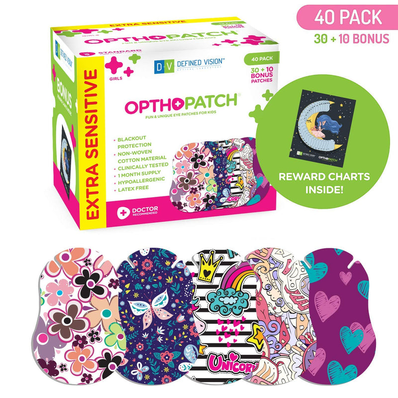 Opthopatch Kids Eye Patches - Fun Girls Design [Series II] - 30 + 10 Bonus Latex Free Hypoallergenic Cotton Adhesive Bandages for Amblyopia and Cross Eye - 3 Reward Chart Posters by Defined Vision