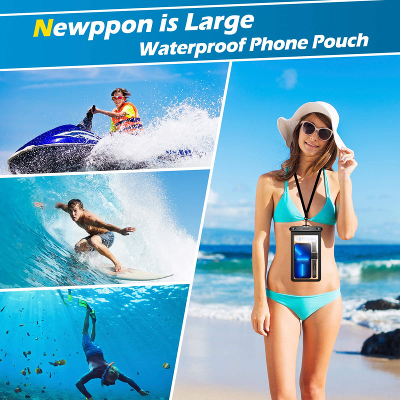 newppon Large Waterproof Phone Pouch : 2 Pack Underwater Clear Cellphone Holder - Universal Water-Resistant Dry Bag Case with Neck Lanyard for iPhone Samsung Galaxy for Beach Swimming Pool Black+Black