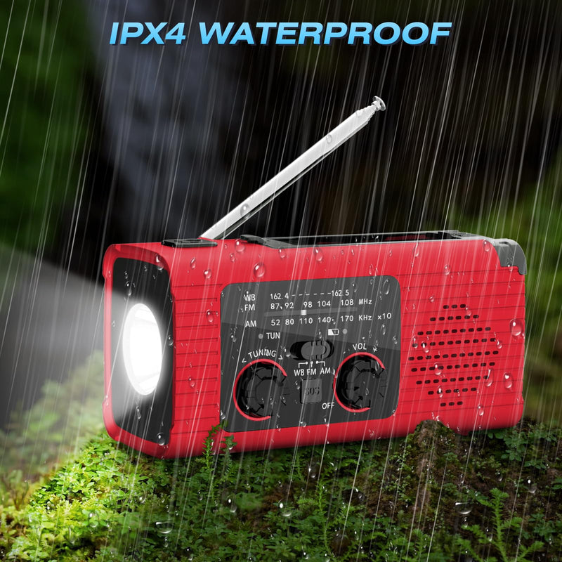 Emergency Radio, Hand Crank Radio Solar for Hurricane Supplies, AM/FM NOAA Portable Weather Radio 2000mAh with LED Flashlight, Power Bank, SOS Alarm 180°Rotatable Reading Lamp for Emergency Red