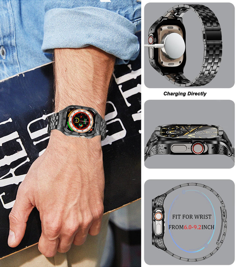 Stainless Steel Case and Band Compatible for Apple Watch Ultra 2 Band/Apple Watch Ultra Band 49mm 45mm 44mm 42mm,Rugged Metal iWatch Ultra/Ultra 2 Case with Strap for Men Black