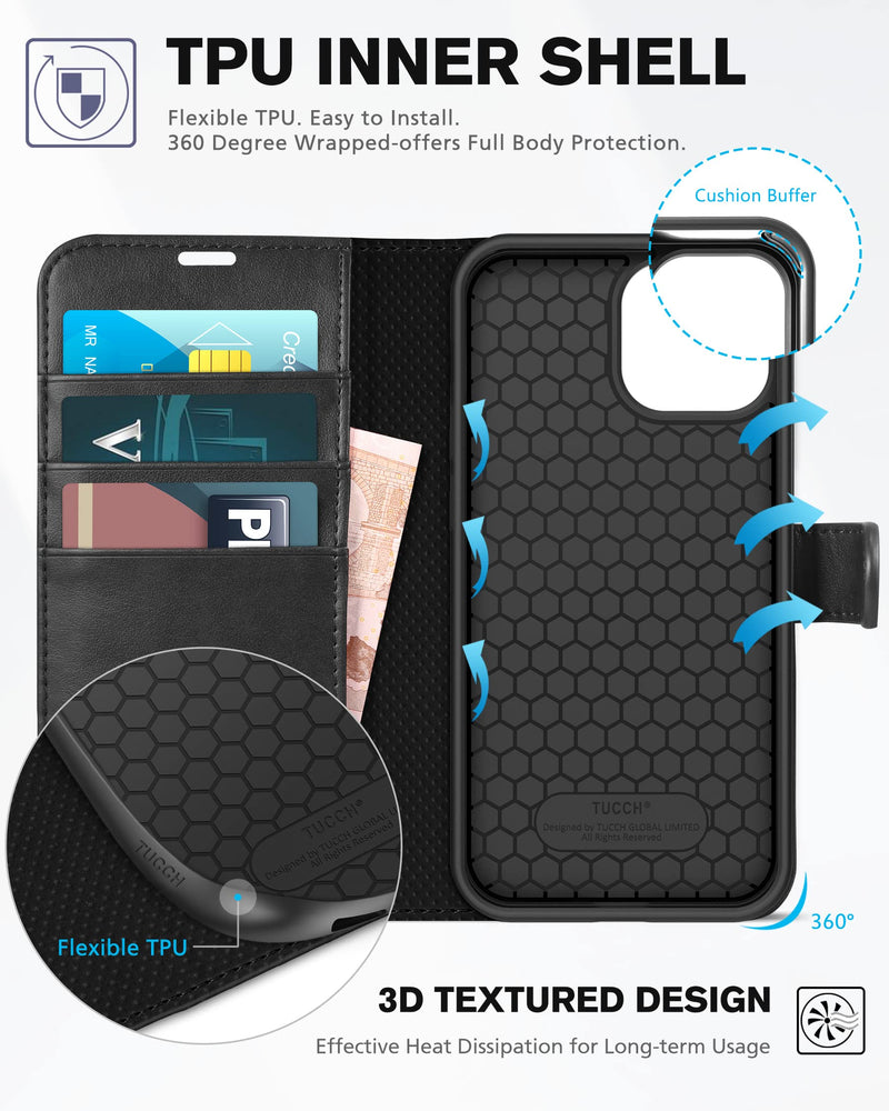 TUCCH Case for iPhone 13 Wallet Case, PU Leather Flip Folio Case with [Shockproof TPU Inner Shell], RFID Blocking Card Holder Kickstand Phone Cover Compatible with iPhone 13 6.1-inch 2021, Black