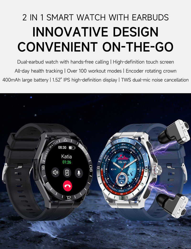 ZJX Smart Watch with Earbuds for Men, 1.52-inch Full-Touch HD Screen Metal Body, TWS Sports Earbuds smartwatch 2-in-1, Support Custom dial, Health Monitoring, Message Reminder silvery green
