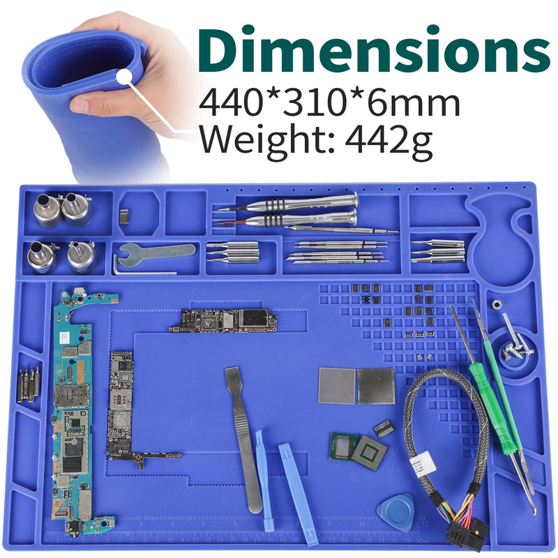 YIHUA M170 Heat Resistant Soldering Mat 440×310×6mm Soldering Pad with Storage Slots, Integrated Ruler, Magnetic Zones, PCB Slot and Flexible Soft Silicone Soldering Mat 440x310mm