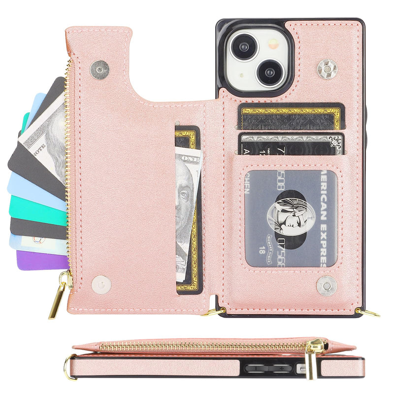 [AUSTRALIA] - Bocasal Crossbody Wallet Case for iPhone 15 with RFID Blocking Card Slot Holder, Magnetic Flip Folio Purse Case, PU Leather Zipper Handbag with Detachable Lanyard Strap 6.1 Inch 5G (Rose Gold) Rose Gold 