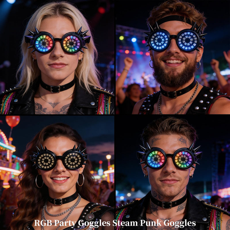 RGB LED Spiked Cyberpunk Goggles, Futuristic Punk Rave Glasses, Luminous Cosplay Eyewear for Party, Festival, DJ Club and Halloween