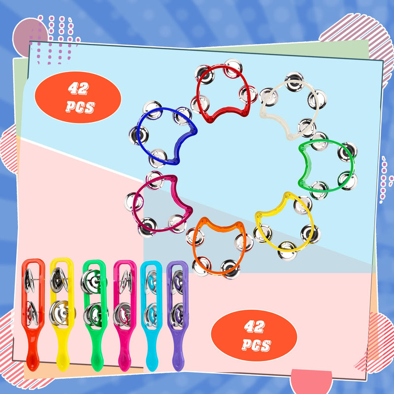 84 Pcs Shaker Musical Instruments for Kids 42 Plastic Handheld Tambourine Bells 42 Colorful Cymbals Percussion Noise Makers Rhythm Toy Set for Church Preschool Classroom