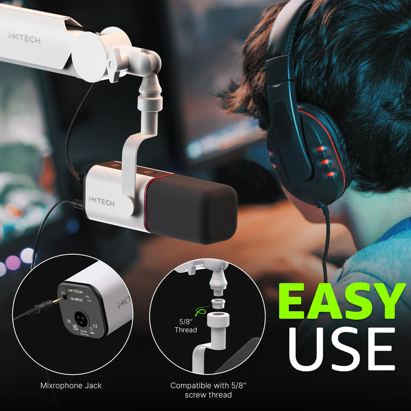 IXTECH Cardioid Dynamic Microphone with Mic Cover, Vocal USB XLR Microphone for Podcasting, Streaming, Recording, Gaming and Voice-Over (White) Dynamic Mic White