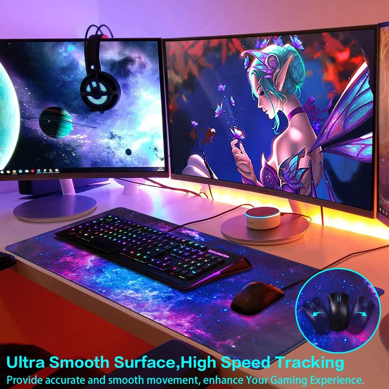 Gaming Mouse Pad, Canjoy Extended Mouse Pad, 31.5x15.7inch XXL Large Big Computer Keyboard Mouse Mat Desk Pad with Non-Slip Base and Stitched Edge for Home Office Gaming Work, Galaxy Print Blue-Galaxy