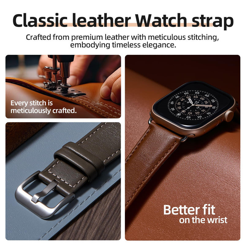 BESTSURE Leather Band Compatible with Apple Watch for Men and Women, Classic Genuine Leather Watch Strap, Fits Ultra/SE/Series 11–3(49/46/45/44/42mm) Brown 42mm/44mm/45mm/46mm/49mm