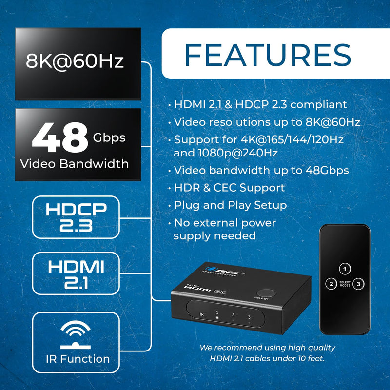 [AUSTRALIA] - OREI 8K HDMI Switch 3 in 1 Out – HDMI 2.1 Switch with Remote – 48Gbps 8K@60Hz 4K@120Hz 4K@165Hz – HDCP 2.3 – hdmi Switch 4k 120hz for PS5 Xbox PC TV 3x1 8K HDMI Switch 