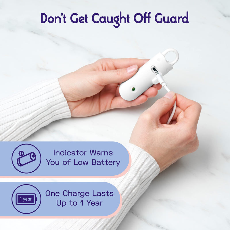 Vantamo Personal Alarm for Women - Extra Loud Double Speakers, First with Low Battery Notice with Strobe Light, Rechargeable - Safety Alarm Keychain Pearly White.