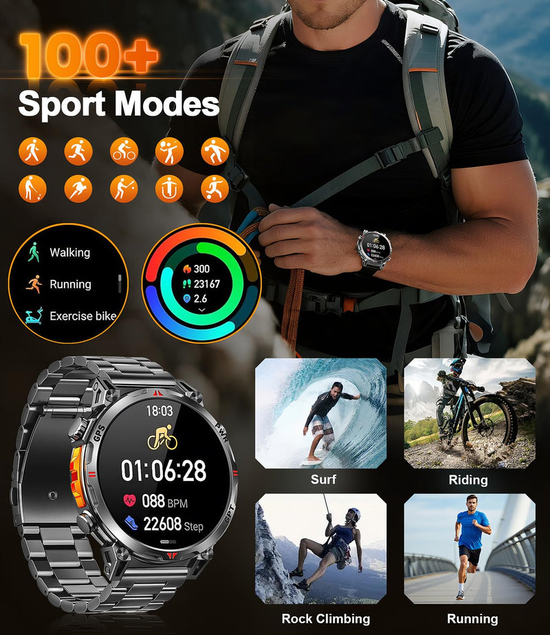 Military Smart Watches for Men GPS, 1.56" AMOLED Screen Bluetooth Call, Smartwatch for Android Phones and iPhone, 100+ Sport Modes, 3ATM Waterproof Smart Watch with Compass Black & Orange
