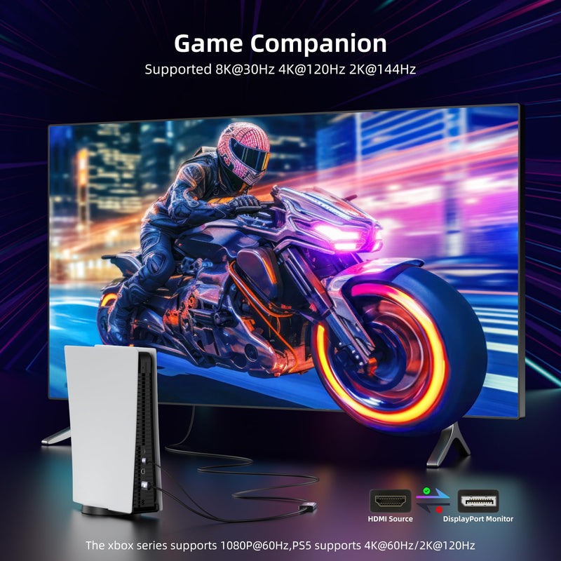 8K@30Hz HDMI to DisplayPort Cable 4K@144Hz, for PS5 Xbox Discrete GPU | Active HDMI 2.1 to DP 1.4, USB Power for Stable Signal, Aluminum Shell with Vents, for Laptop Discrete GPUs Xbox PS5