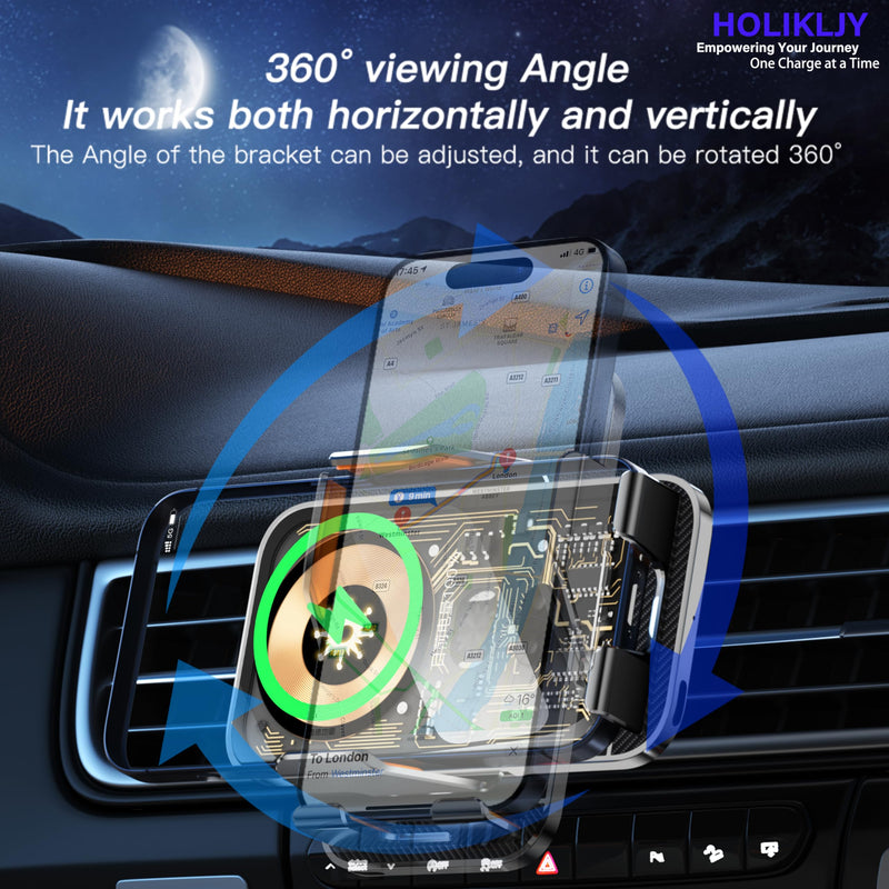 Wireless Car Phone Mount, 15W Fast Charging Car Phone Holder Charger Auto-Clamping 360 Dgrees Rotation Adjustable Air Vent Phone Mount Car Charger with luminous Logo for iPhone 16 15 14 13 S24 S23 S22 Black