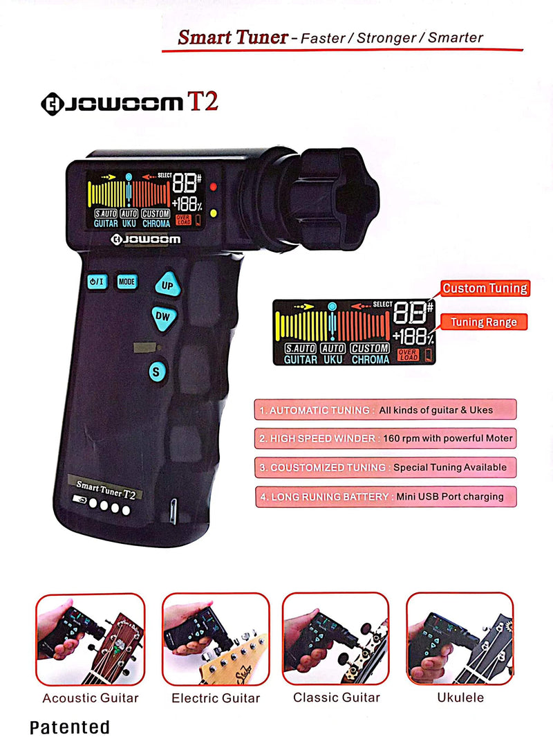 T2 Smart Guitar Tuner & Automatic Peg String Winder 2-in-1 Multi-functional String Instrument Tool for Guitars/Ukulele/Banjo/Mandolin