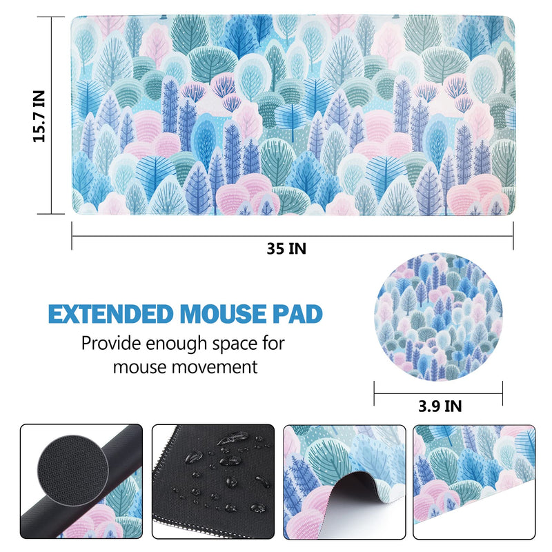 AIMSA Extended Gaming Mouse Pad, XL Large Keyboard Mouse Mat Desk Pad with Stitched Edges, Durable Non-Slip Base Mousepad for Home Office, 35x15.7inch, Abstract Trees and Cactus